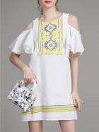 Shein White Open The Shoulder Embroidered Ruffle Dress