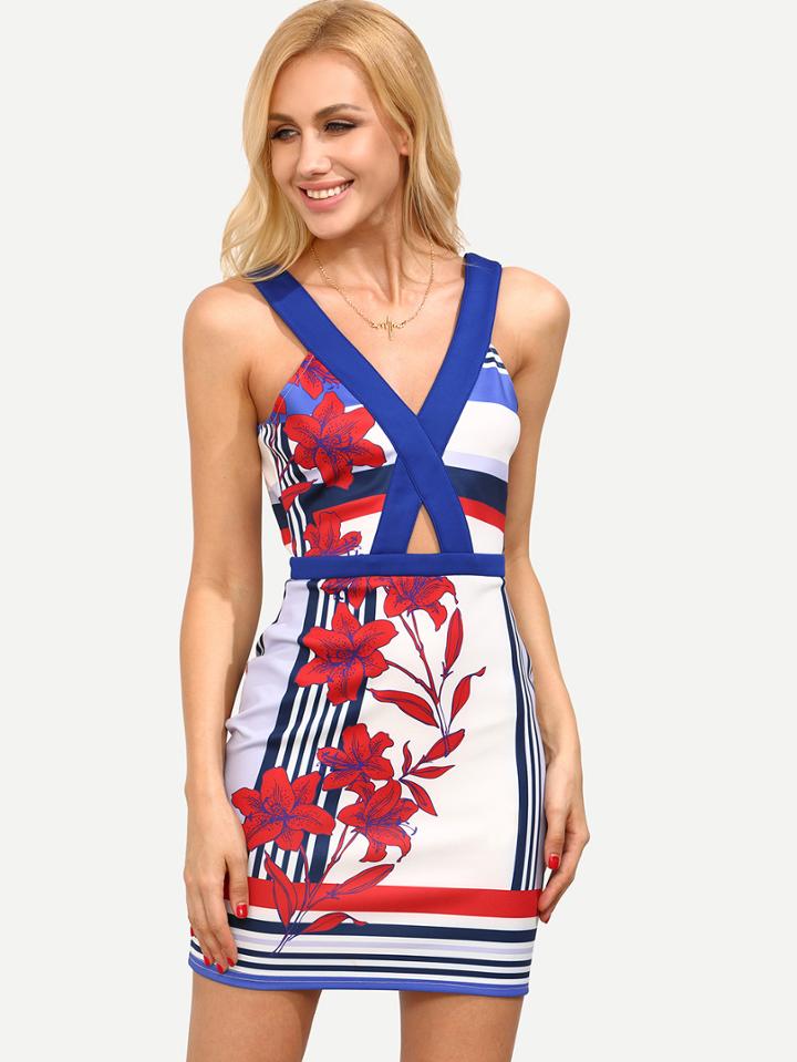 Shein Multicolor V Neck Backless Bodycon Dress