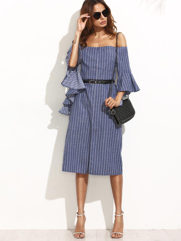 Shein Blue Striped Split Ruffle Sleeve Off The Shoulder Dress