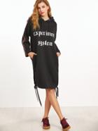 Shein Black Hooded Letter Print Slit Side Drawstring Sweatshirt Dress