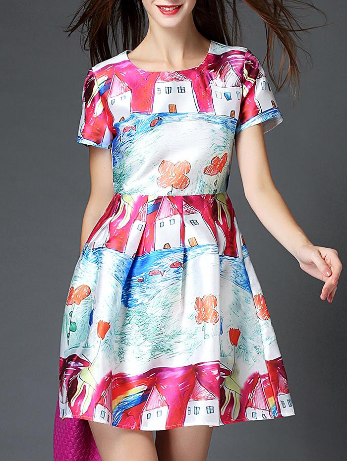 Shein Multicolor Round Neck Short Sleeve Cartoon Print Dress