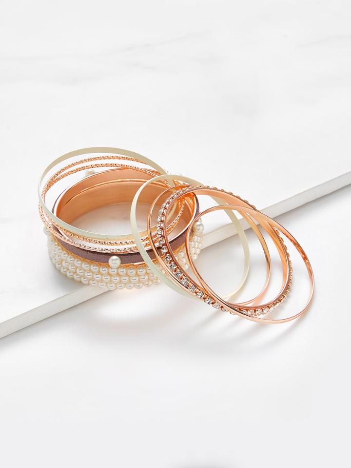 Shein Faux Pearl & Rhinestone Bangle Bracelet Set