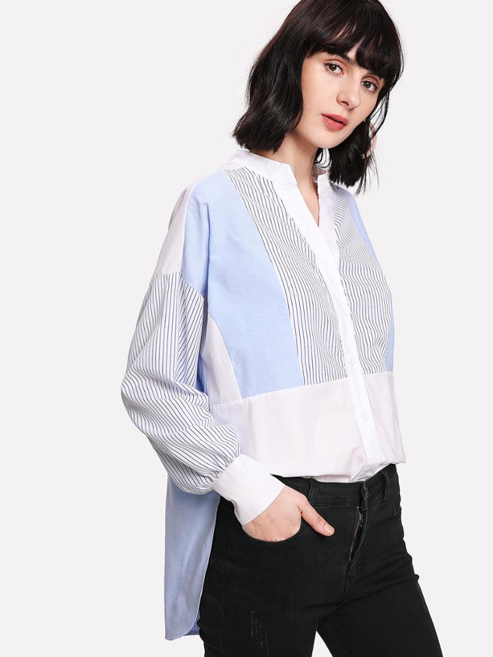 Shein Drop Shoulder Stripe Contrast High Low Blouse