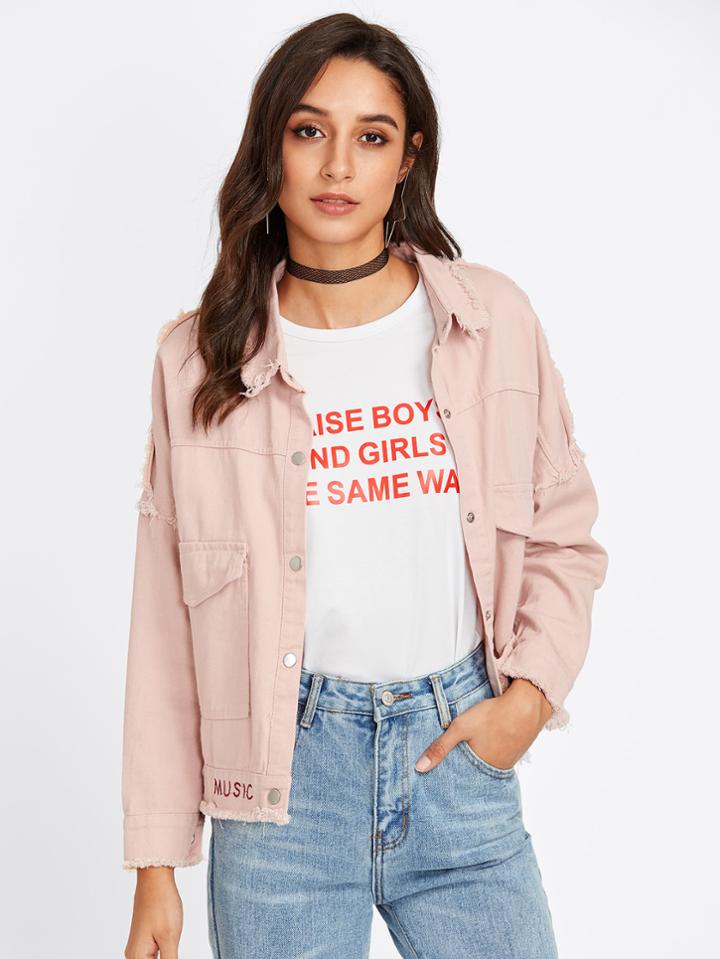 Shein Frayed Trim Drop Shoulder Embroidered Denim Jacket