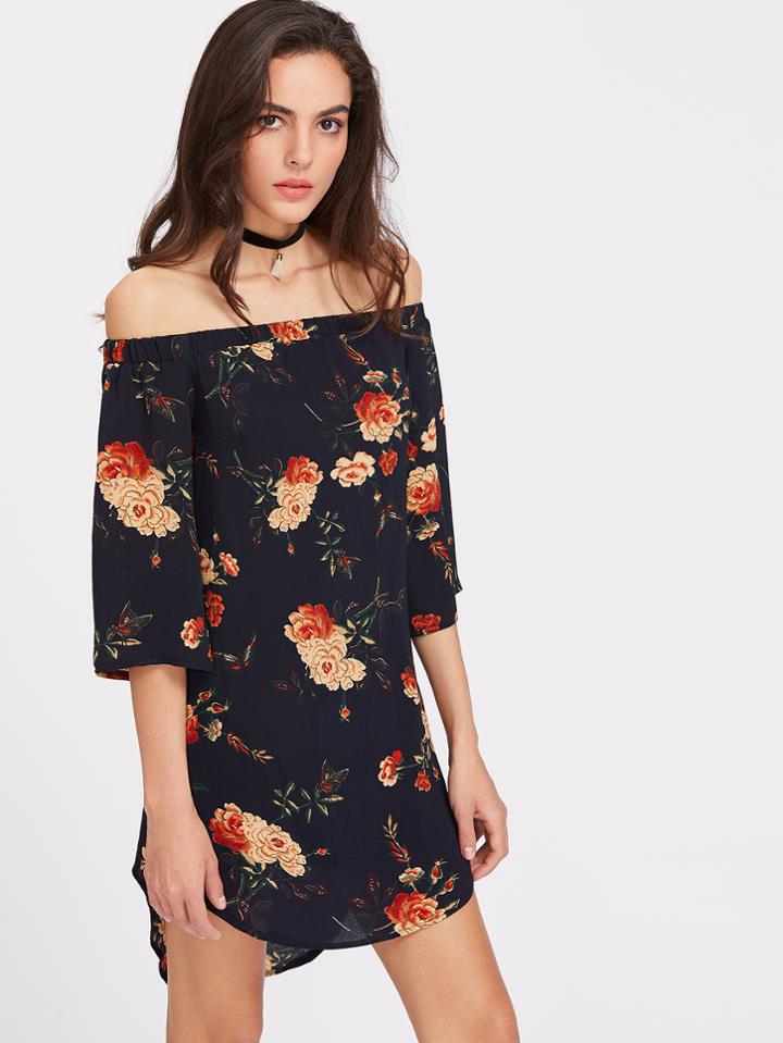 Shein Florals Bardot 3/4 Sleeve Curved Hem Dress