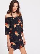 Shein Florals Bardot 3/4 Sleeve Curved Hem Dress