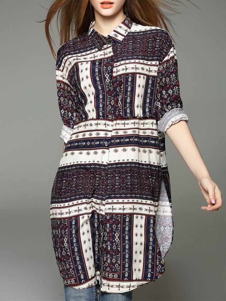 Shein Colorful Lapel Tribal Print Split Blouse