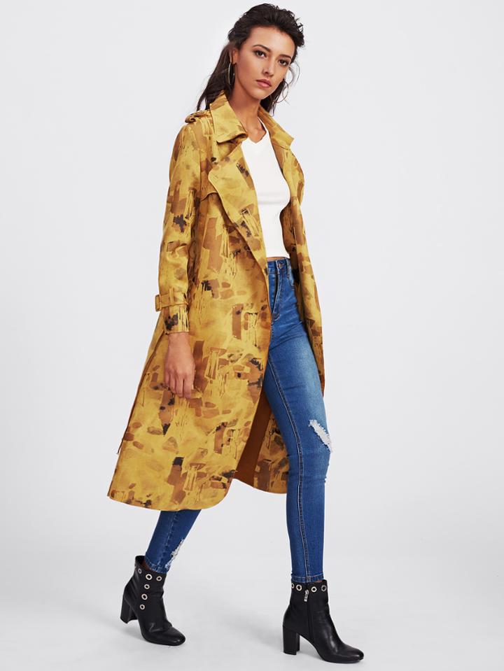 Shein Gun Flap Detail Printed Random Belted Coat