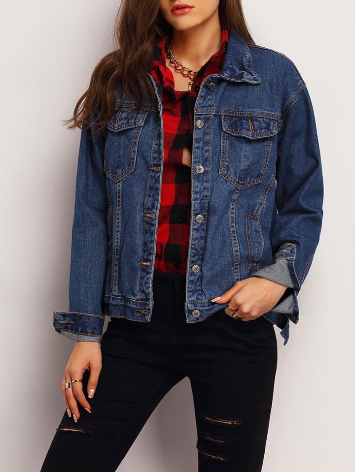 Shein Blue Lapel Long Sleeve Denim Jacket