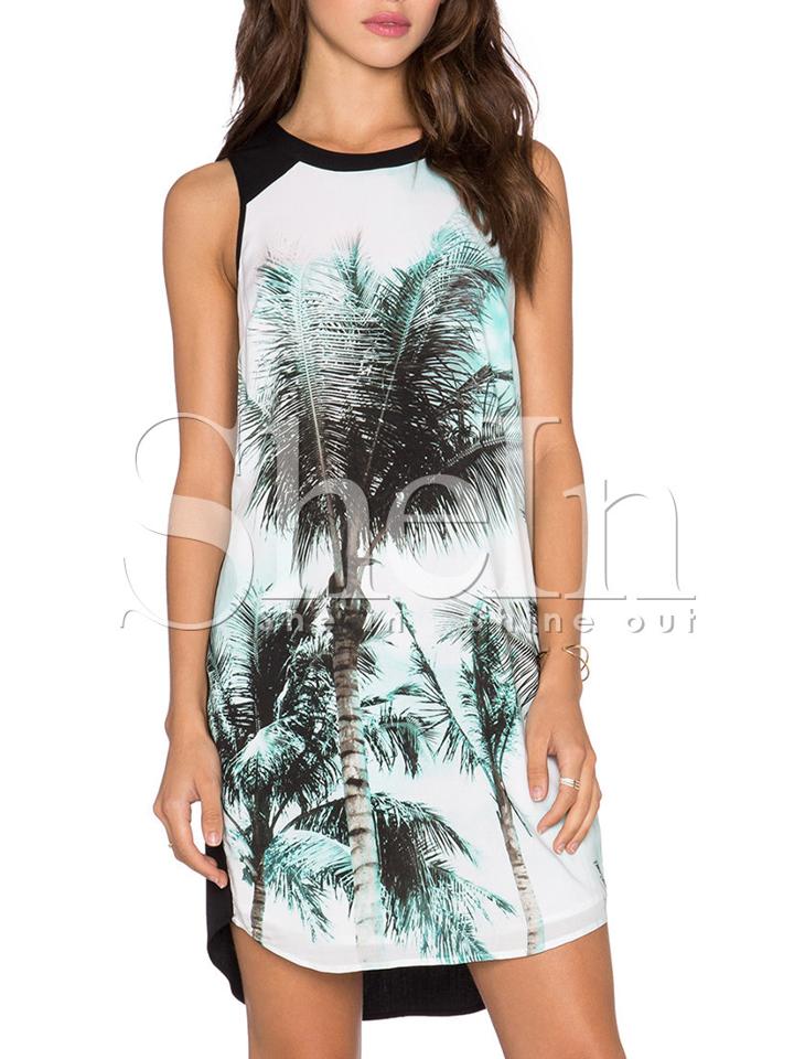 Shein White Black Sleeveless Trees Print Dress