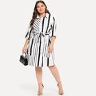 Shein Plus Button & Pocket Front Belted Striped Dress