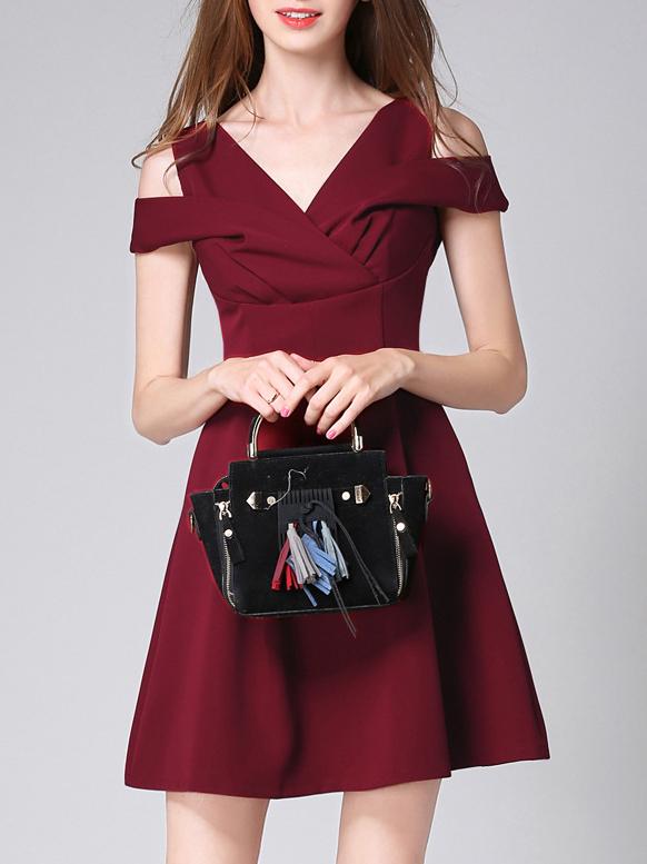 Shein Burgundy V Neck Open Shoulder A-line Dress