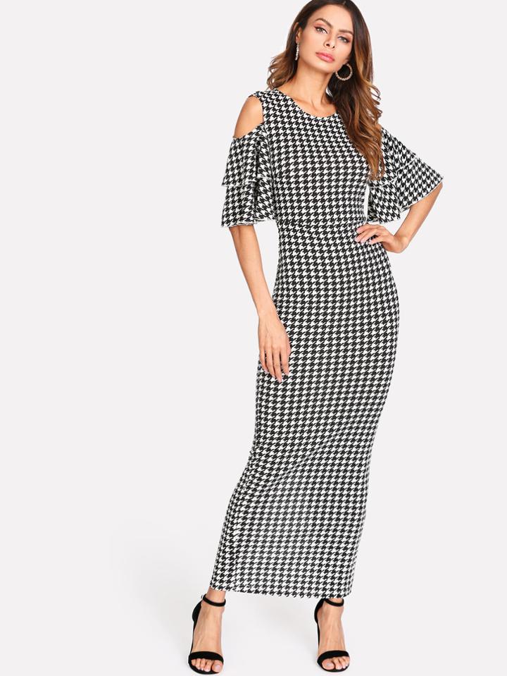 Shein Split Back Cold Shoulder Houndstooth Dress