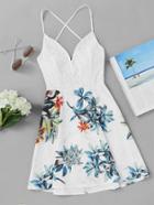 Shein Criss Cross Back Lace Panel Tropical Print Dress