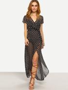Shein Black Short Sleeve Polka Dot Split Dress
