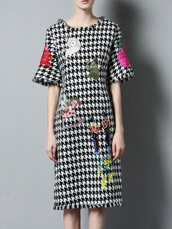 Shein Black White Houndstooth Embroidered Beading Fringe Dress