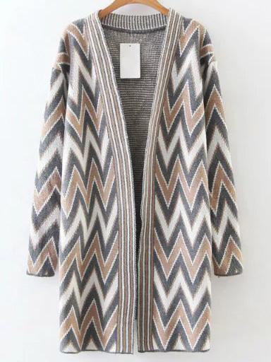 Shein Khaki Chevron Pattern Collarless Long Cardigan