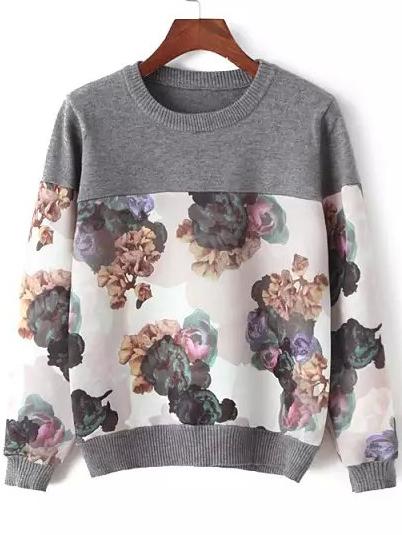 Shein Grey Round Neck Ink Floral Knitwear