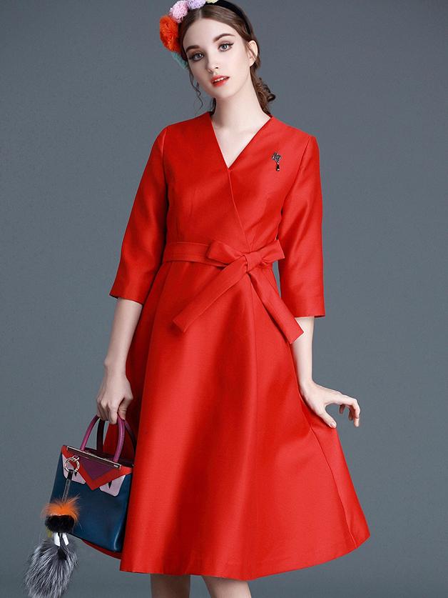 Shein Red V Neck Length Sleeve Tie-waist Dress