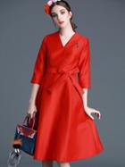 Shein Red V Neck Length Sleeve Tie-waist Dress