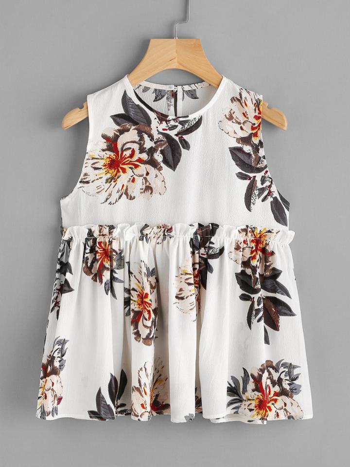 Shein Frill Trim Keyhole Back Florals Blouse