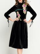 Shein Black Collar Velvet Applique Pouf Dress