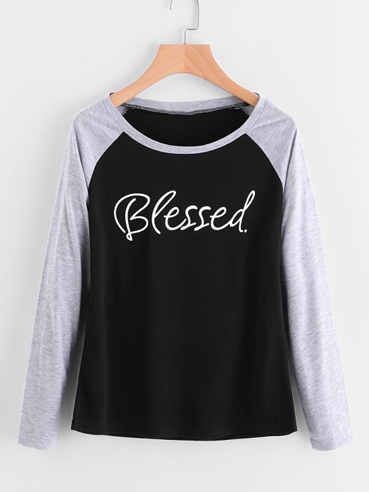 Shein Contrast Raglan Sleeve Letter Print Tee