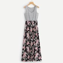 Shein Contrast Striped Floral Print Sleeveless Dress