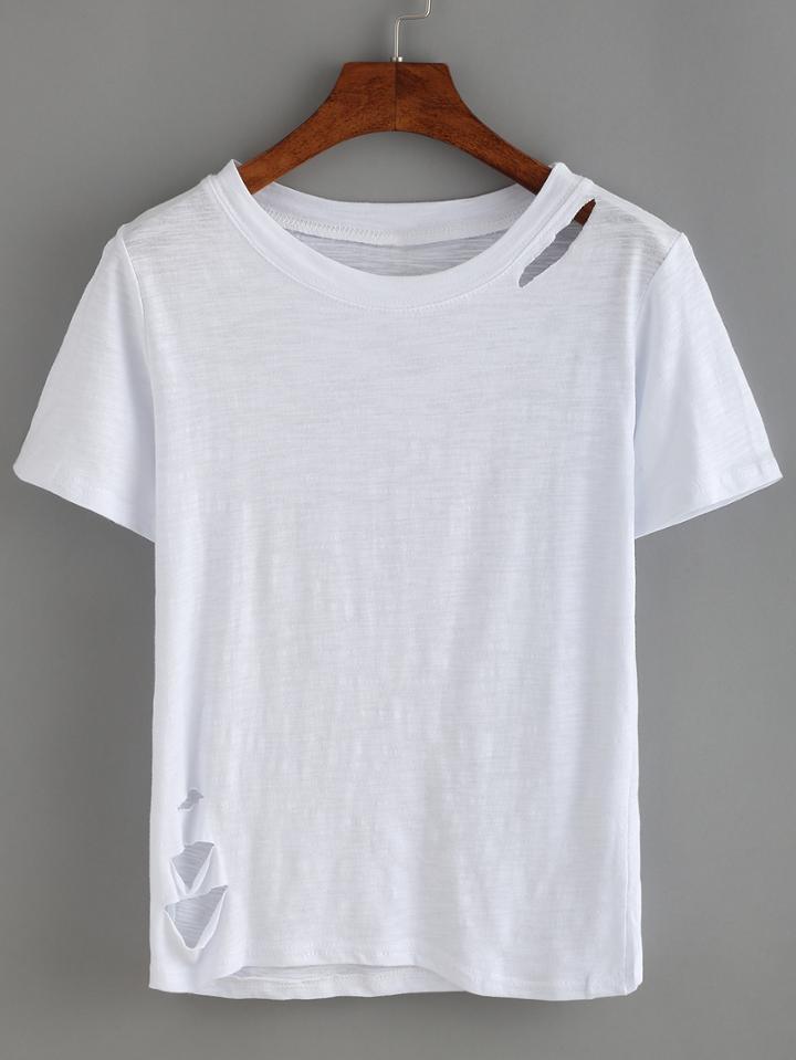 Shein Plain Round Neck Cutout White T-shirt