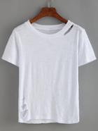 Shein Plain Round Neck Cutout White T-shirt