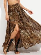 Shein Leopard Tie Waist Split Maxi Skirt
