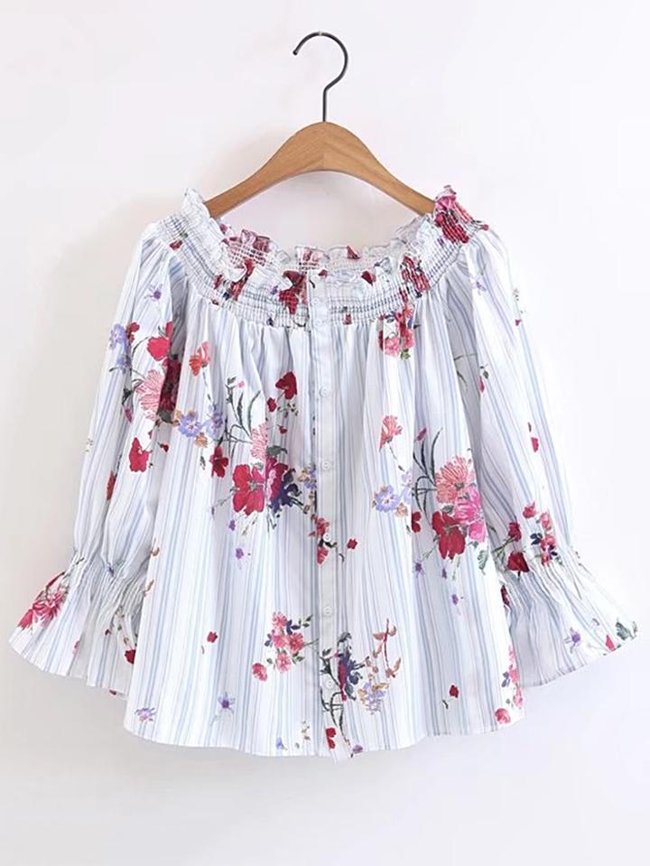 Shein Boat Neckline Bell Cuff Frill Trim Top