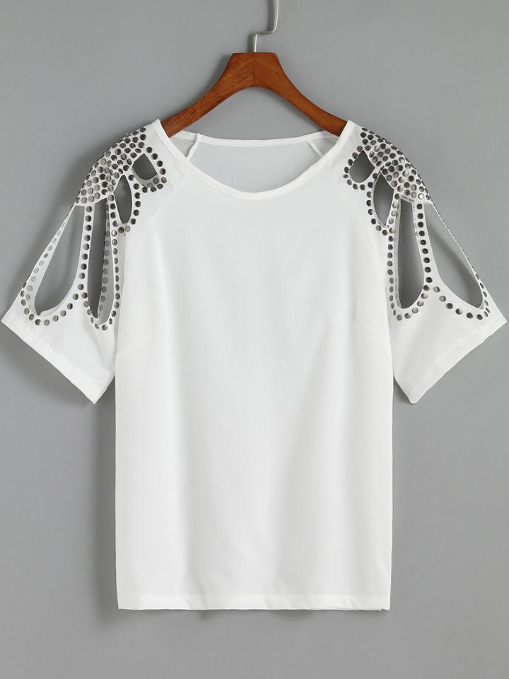 Shein White Round Neck Nead Hollow T-shirt