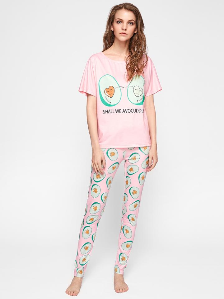 Shein Cartoon Avocado Print Tee And Pants Pajama Set