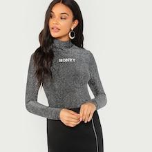 Shein Mock Neck Letter Glitter Tee