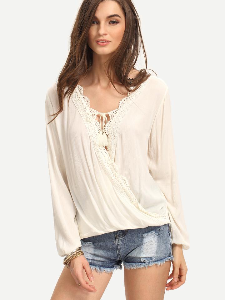 Shein Apricot Long Sleeeve Crochet Patchwork Blouse
