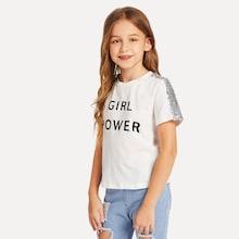 Shein Girls Sequin Shoulder Lettering Tee