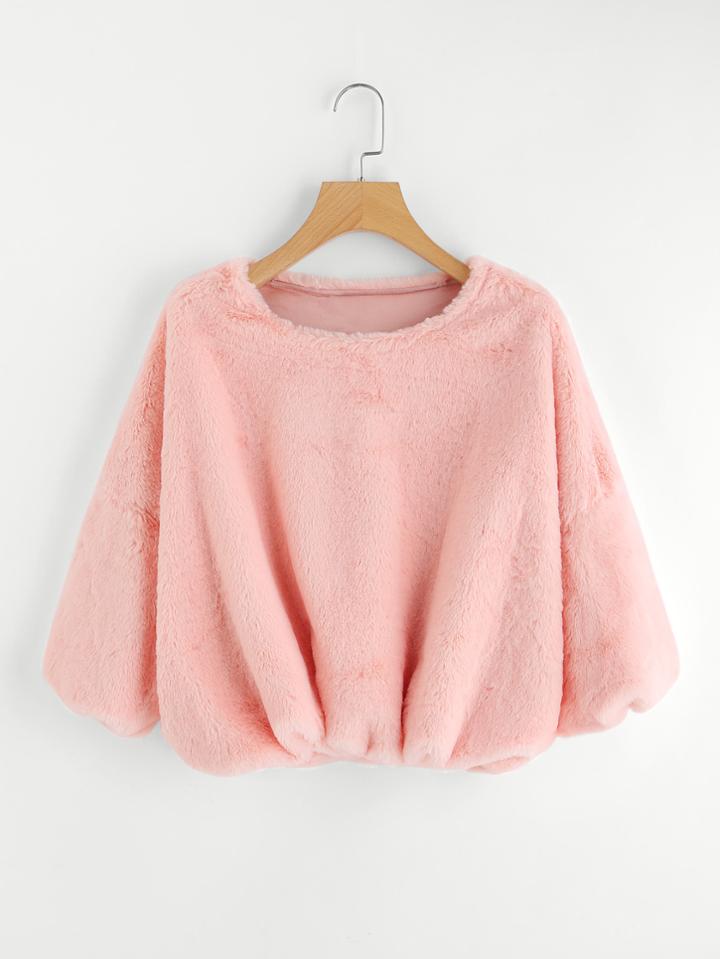 Shein Lantern Sleeve Crop Faux Fur Pullover