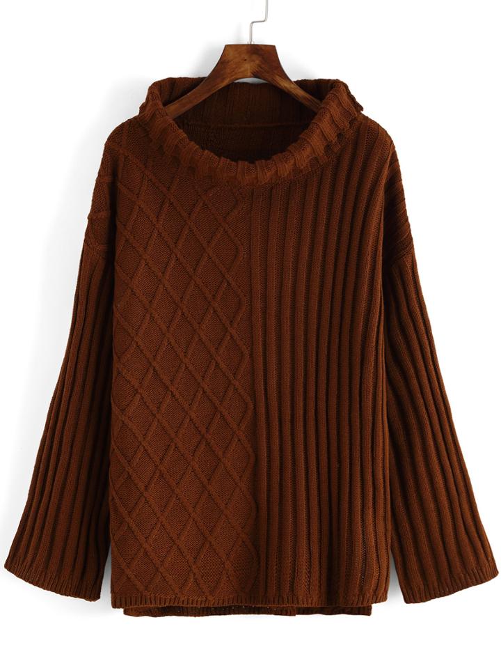 Shein Khaki High Neck Diamond Patterned Loose Sweater