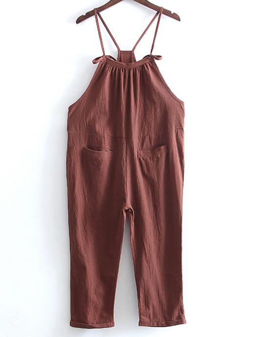 Shein Brown Bib-front Spaghetti Strap Pocket Jumpsuit