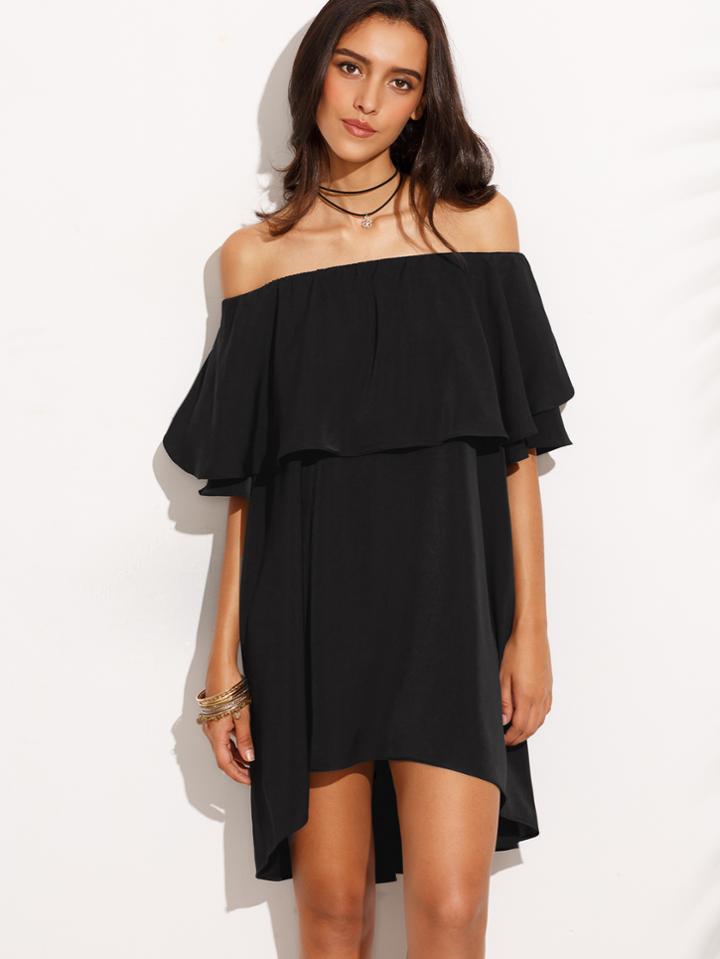 Shein Black Off The Shoulder Ruffle Dip Hem Shift Dress