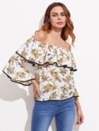 Shein Allover Printed Frill Layered Bell Sleeve Bardot Top