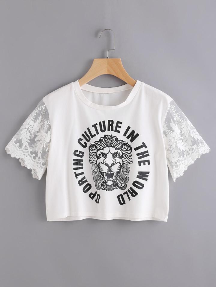 Shein Graphic Print Embroidered Mesh Sleeve Crop Tshirt