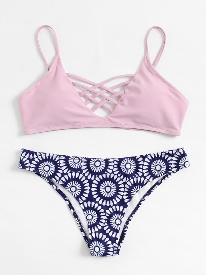 Shein Retro Flower Print Criss Cross Bikini Set