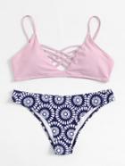 Shein Retro Flower Print Criss Cross Bikini Set
