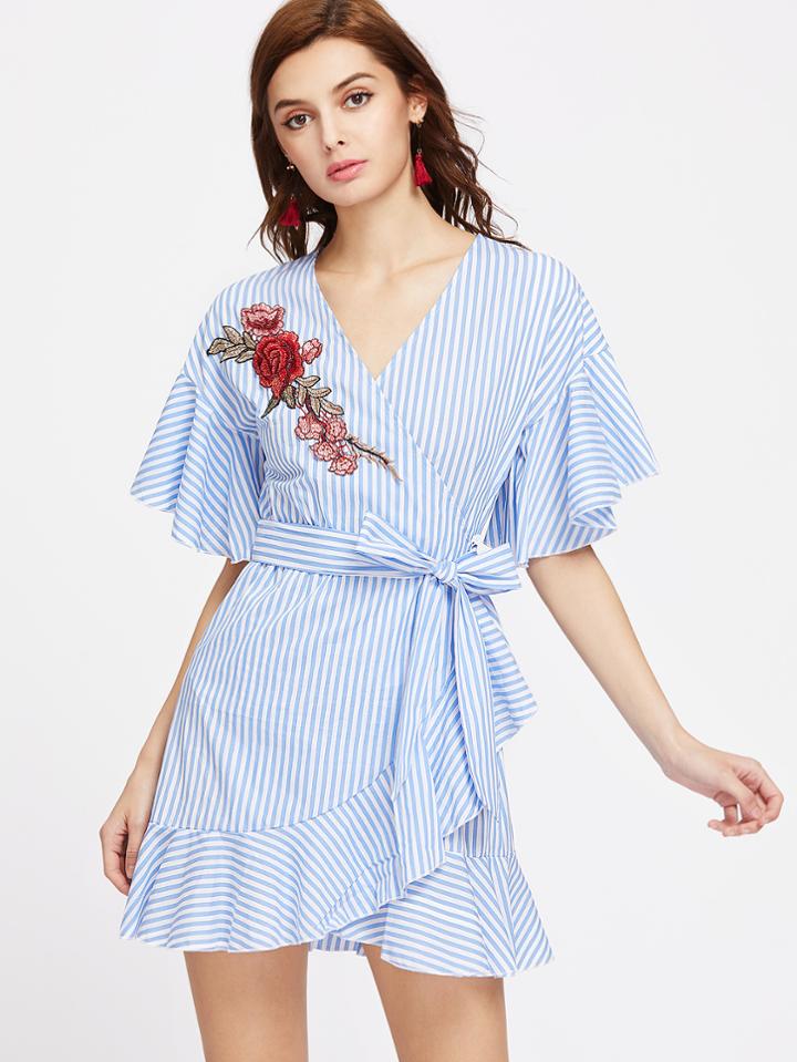 Shein Striped Embroidered Rose Patch Ruffle Trim Surplice Belted Dress