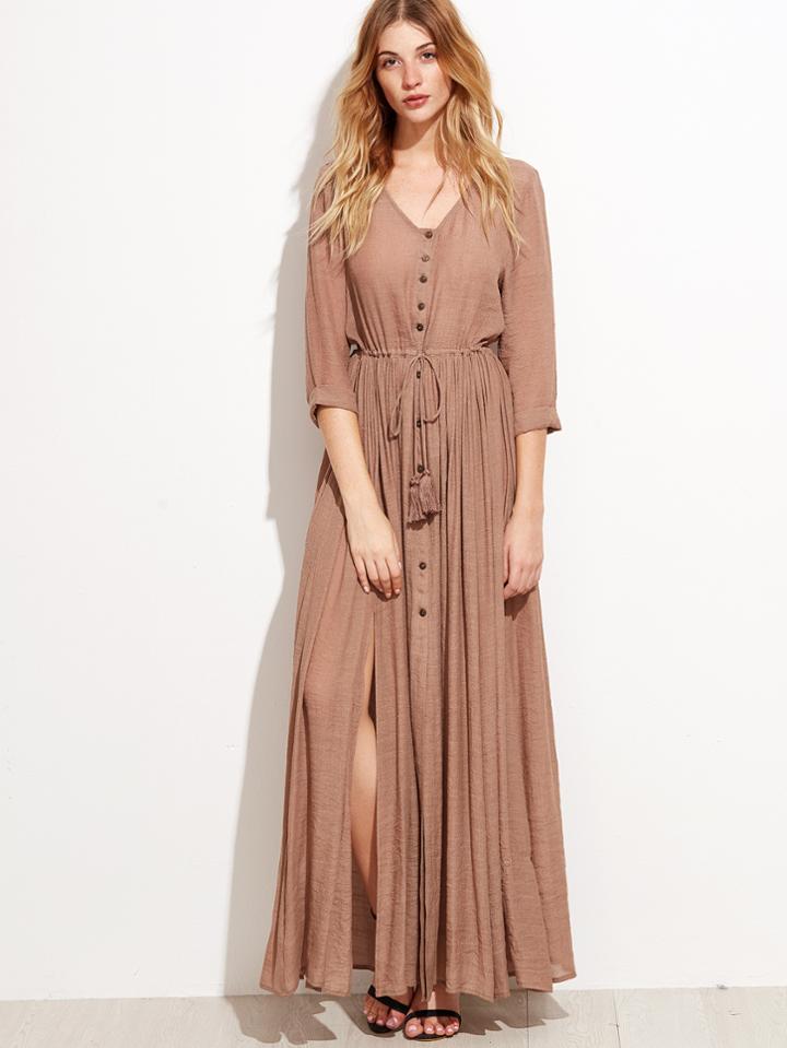 Shein Camel Split Side Self Tie Maxi Dress With Fringe