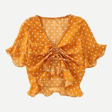 Shein Ruffle Trim Drawstring Detail Spot Blouse