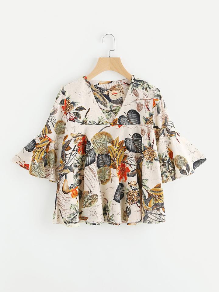 Shein Tropical Print V Neckline Flute Sleeve Blouse