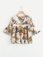 Shein Tropical Print V Neckline Flute Sleeve Blouse